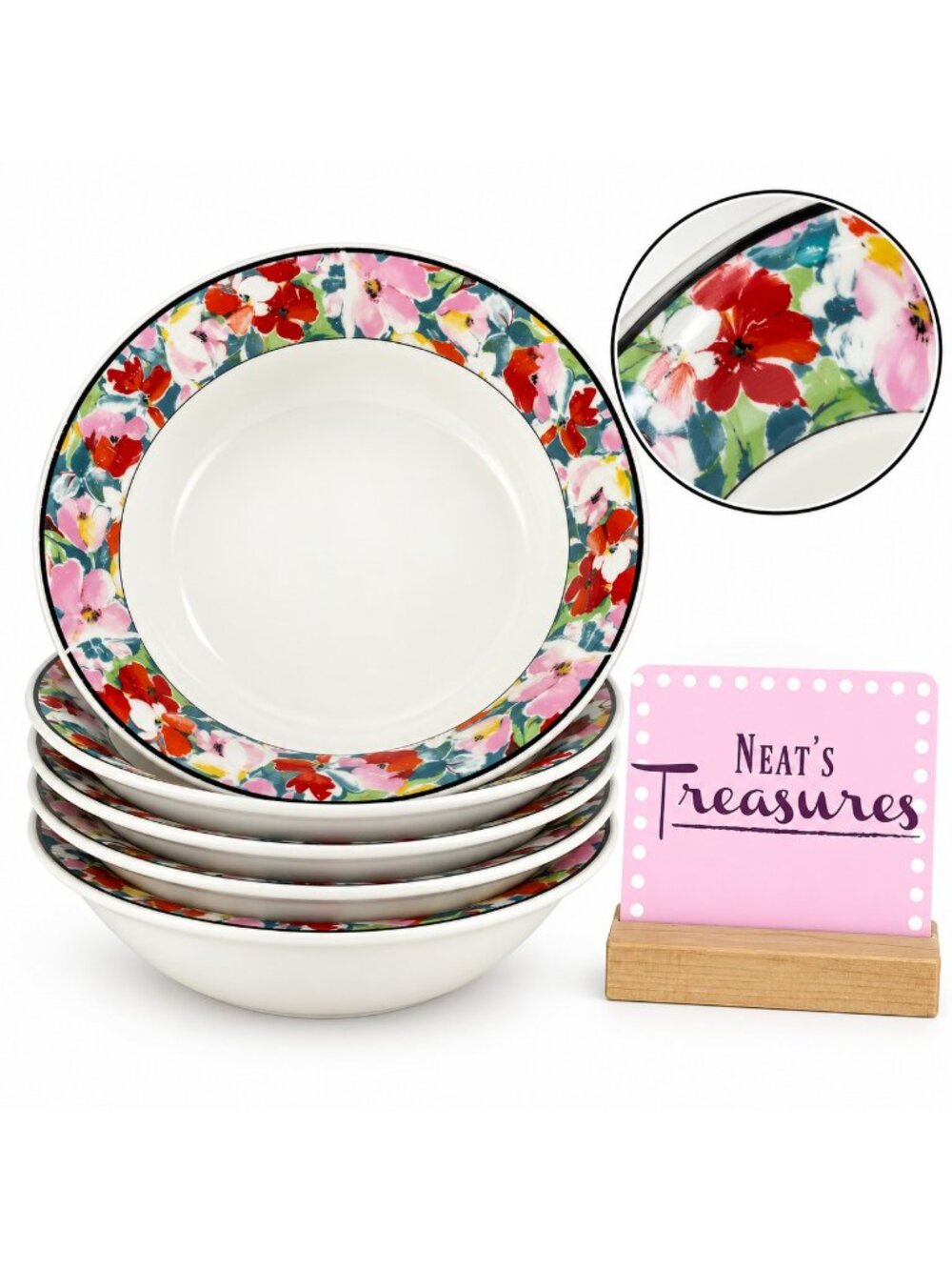 China Pearl DAISY Red Pink Blue Yellow Floral Fine China Soup Cereal Bowls Set 5